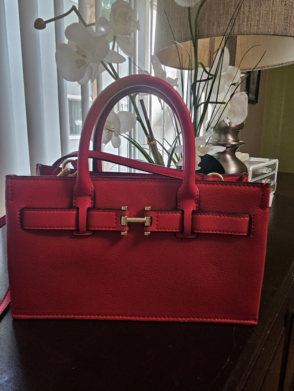 Red Structured Leather Satchel Handbag